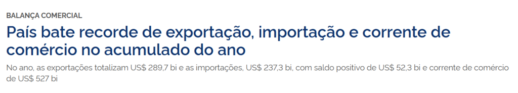 Chamada da notícia "País bate recorde de exportação, importação e corrente de comércio no acumulado do ano.", Fonte: Gov, 2025