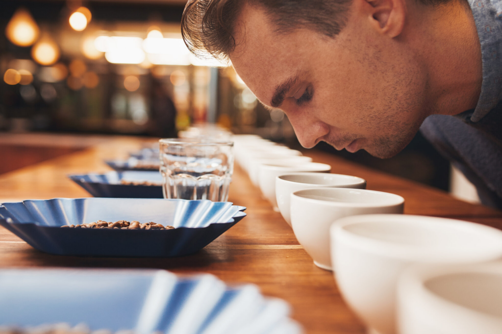 Pessoa cheirando xícaras de café em uma sessão de degustação (cupping), com grãos e utensílios sobre a mesa.